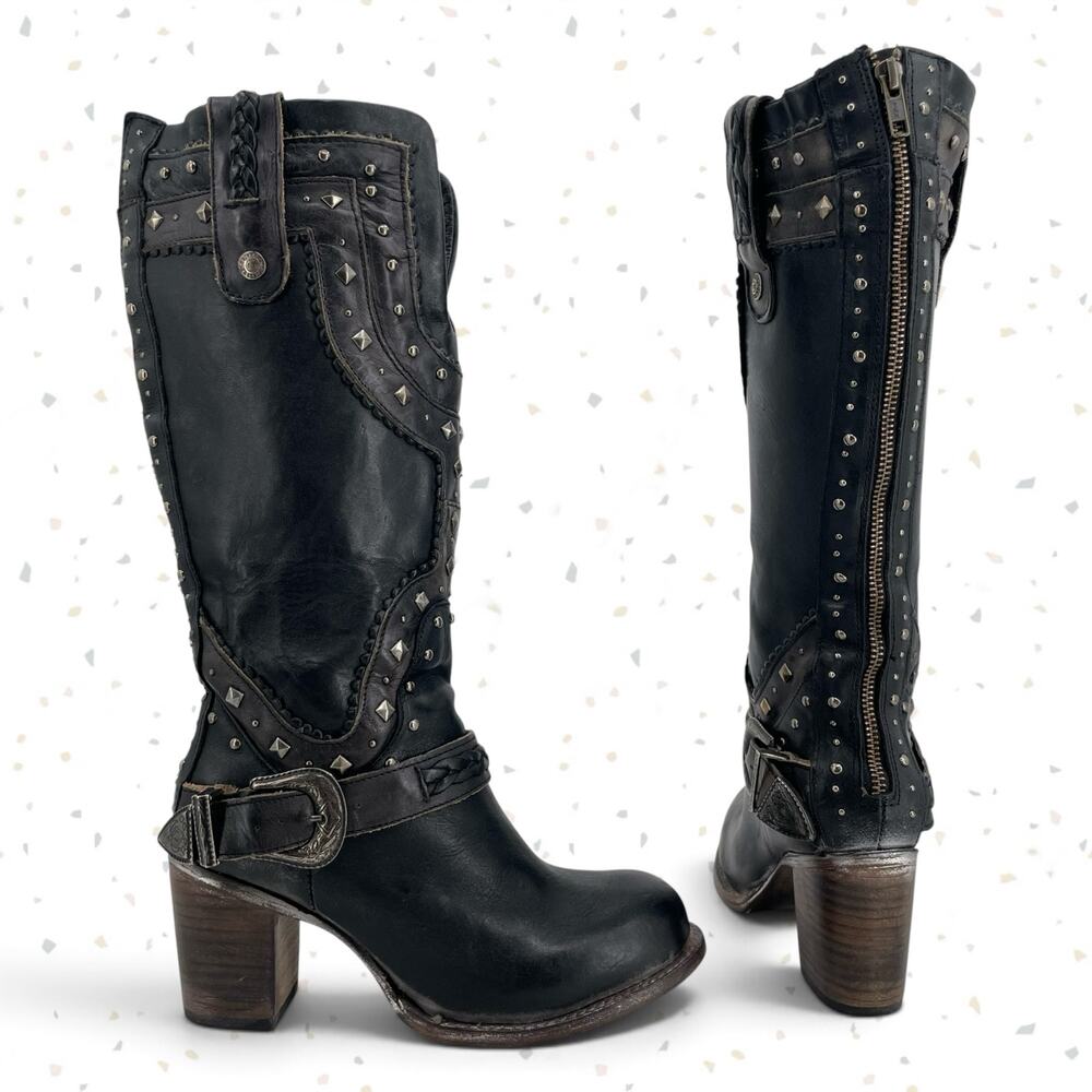 Freebird By Steven Cormac Black Leather Studded Boots Western Boho Edgy Size 7